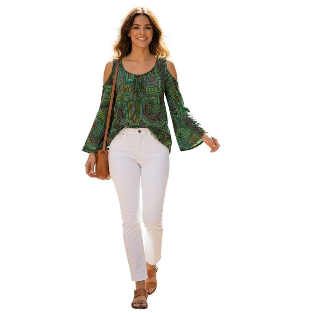 VOOM by Joy Han Green Tribal Mola Print Bell Sleeve Boho Top L Made USA $148